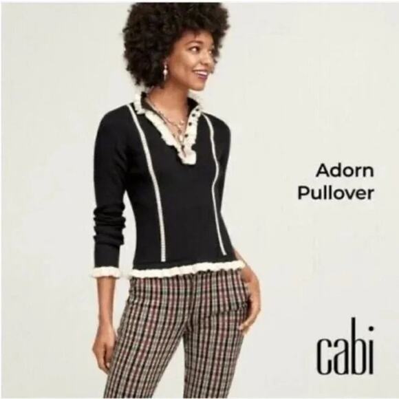 Cabi Adorn black cream ruffle trim ribbed knit sweater size Medium #4103 - Picture 1 of 16